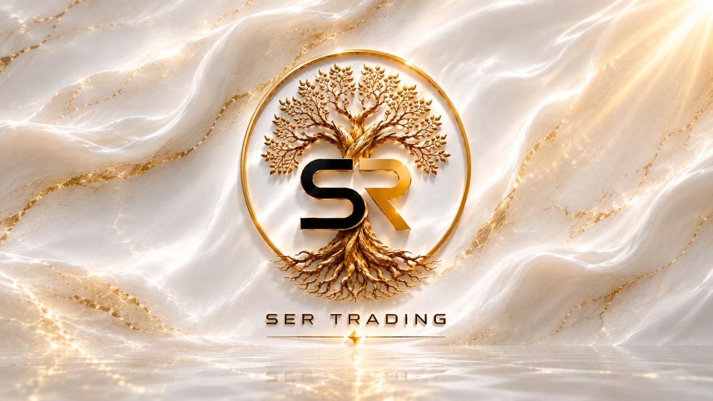 Emblema dorado con árbol de SER TRADING sobre mármol blanco
